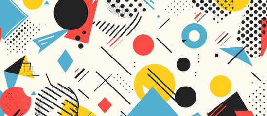 A vibrant and dynamic background illustration with bold geometric shapes, featuring bright colors like reds, yellows, blues, black dots, triangles, circles, and squares in an abstract pattern