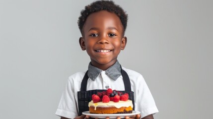 black boy holding cake Baker's career, on a white background, dream job