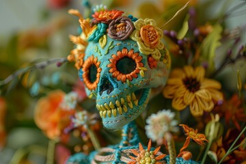 Obraz premium Close-up of vivid Dia de Muertos skeleton embroidery. Detailed artwork