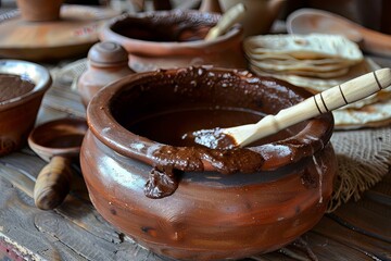 Rustic family gathering with traditional Mole Poblano dish, warmth all around