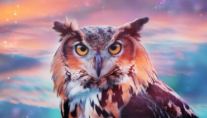 Vibrant Wisdom: An Owl Portrait in Double Exposure"