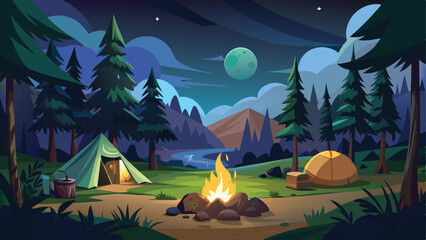 camping in the middle of the forest at night vector illustration