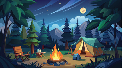 camping in the middle of the forest at night vector illustration