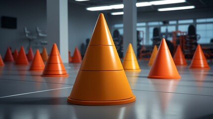 A photo of a stack of agility cones in a workout space