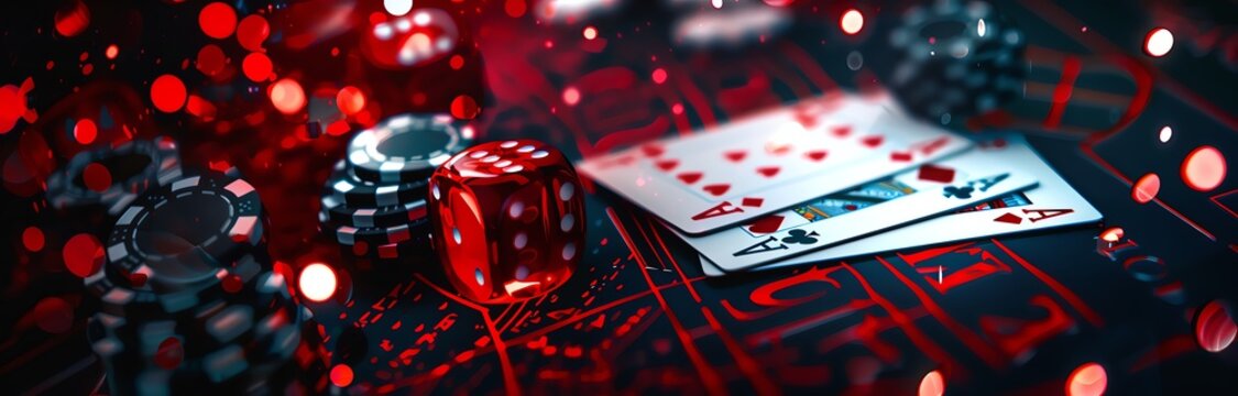 Poker cards, poker chips and playing card symbols on a dark background with red light effects. a gambling game concept. 