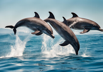 Fototapeta premium Beautiful bottlenose dolphins leaping from the clear blue sea on a sunny day.