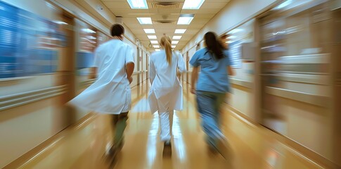 Photo of race between doctors and nurses in hospital hallway, motion blur, blurred background, japanese photography