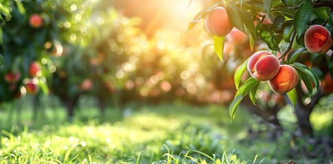 Peach trees with ripe peaches in an orchard, soft focus, sunny day, green grass on the ground, natural light, blurred background, wide angle shot, warm colors, peach tree garden. 