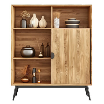 wooden cabinet with shelves on a transparent background