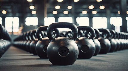 A photo of a stack of kettlebells in a gym.