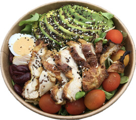 Abstract photo of grilled chicken salad box with white background as a healthy lunch box for delivery service.