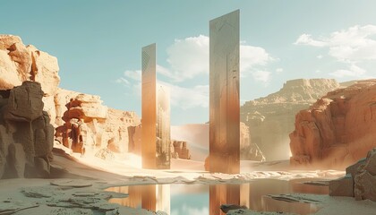 Abstract monument in desert oasis