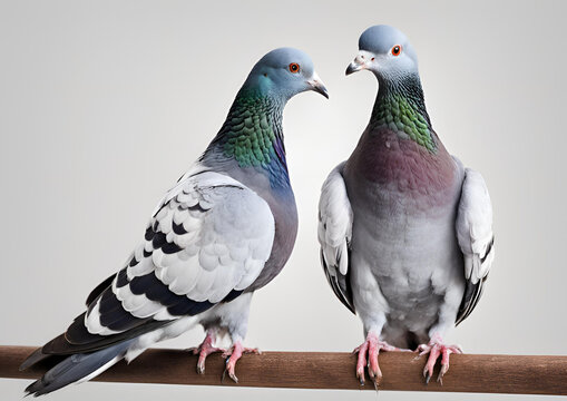 Two blue bar-homing pigeons are isolated on a white background.