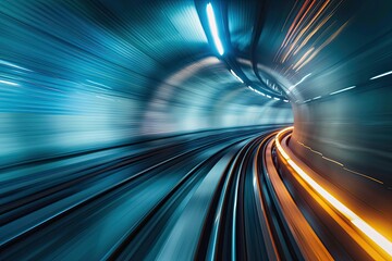 Abstract motion blur of a subway train speeding through an underground tunnel. Time Travel and metaverse technology concept.