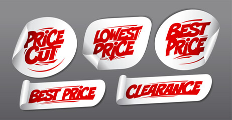 Price cut, lowest price, best price, clearance - advertisement stickers set