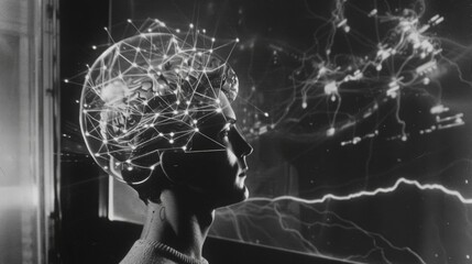 A holographic display showing the effects of a braincomputer interface with electrodes connected to a subjects head.