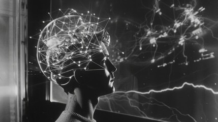 A holographic display showing the effects of a braincomputer interface with electrodes connected to a subjects head.