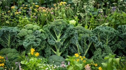 A vibrant vegetable patch showcasing rows of kale, broccoli, and spinach, surrounded by wildflowers and herbs.