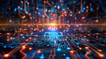 Obraz premium An illustration of a circuit board with orange and blue lights.