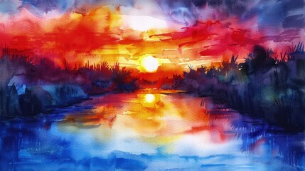 A vibrant watercolor sunset painting illustration with warm reds, oranges, and purples blending into twilight blues over a tranquil river.