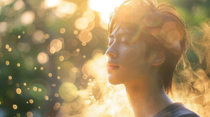 A young man standing outside in the sunlight and has his eyes closed. The face mist is creating a refreshing and cooling effect.