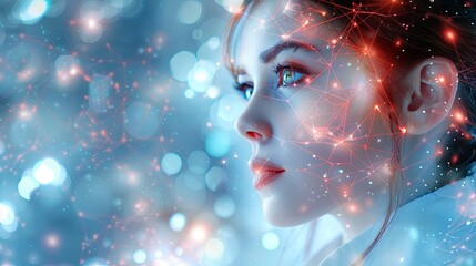 Futuristic Woman with Digital Network Overlay and Bokeh Lights Symbolizing Technology and Connectivity