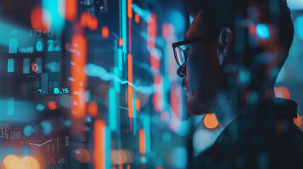 Generative ai Concept. Businessman Use AI technology to analyze business data and use it for investment and fund return analysis.