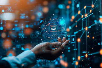 Generative ai Concept. Businessman Use AI technology to analyze business data and use it for investment and fund return analysis.