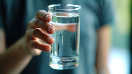 Hand holding a glass of water and water