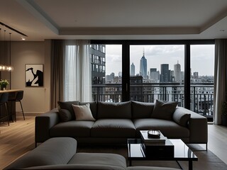 Sleek city apartment with a balcony and modern railings, generative AI