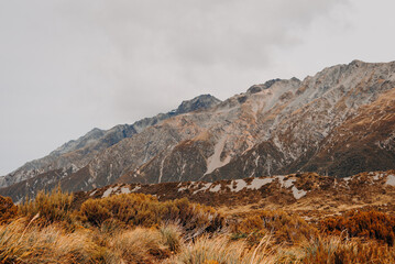 Snow-covered Mountain Range With Brown Grass