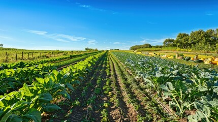 A well-tended vegetable field showcasing neat rows of corn, squash, and beans under a clear blue sky.