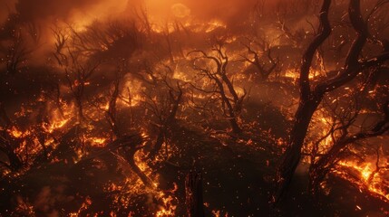 Trees crack and creak as they succumb to the intense heat collapsing in a fiery heap.