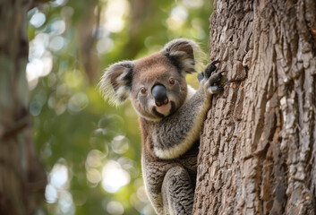 A cute and cuddly koala is sitting in a tree 