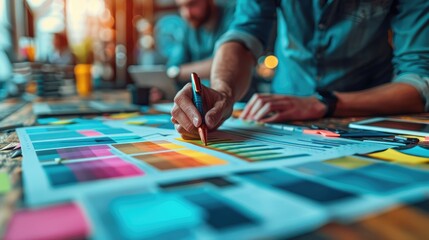 Close-up of a graphic designer using a tablet and stylus to create a color palette for a new project. AIG535