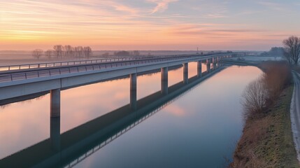 Obraz premium Bridge over a tranquil river during sunrise. The bridge is modern in design, with sleek lines and no visible supports from above. The sky is painted with soft orange and pink hues. 