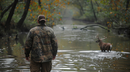 A hunter in full camouflage gear stalks a deer through a shallow river.