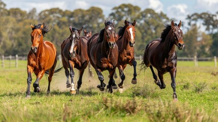 A group of wild horses run free in a lush green field. 