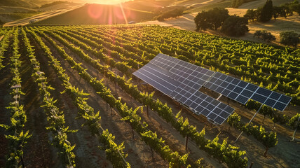 A solar panel array on the roof of surrounded by vineyards.
