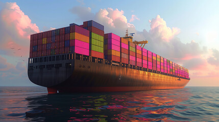 Containers of various colors on giant freighters are transported to their destinations for international logistics transportation illustration
