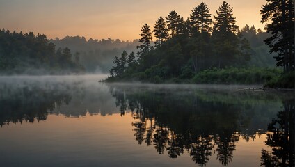 Fototapeta premium lake in the morning with the sun rising over the trees