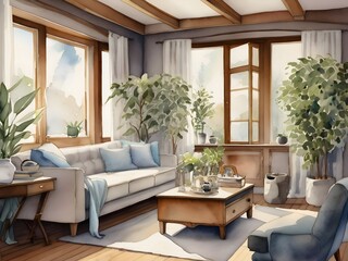 Fototapeta premium Cozy Living Room Watercolor Art