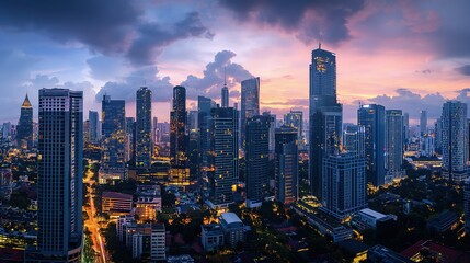 Obraz premium A panoramic view of a modern city skyline at twilight, with lights beginning to twinkle in the buildings. 