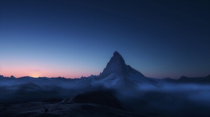The first light of dawn breaking over a mountain peak, with the sky transitioning from dark blue to a soft morning blue. 32k, full ultra hd, high resolution