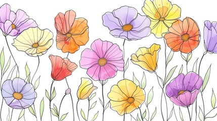 Watercolor of colorful wildflowers on white background.