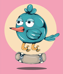 cartoon bird design playing skateboarding