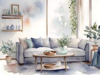 Cozy Living Room Watercolor Art