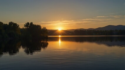 Obraz premium image shows a sunset over a lake. The sun is setting behind a hill,