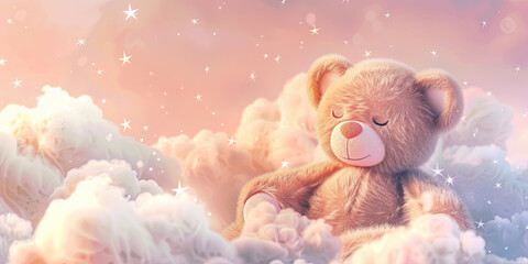 cute teddy bear sitting on white clouds with a pink sky background, generative AI