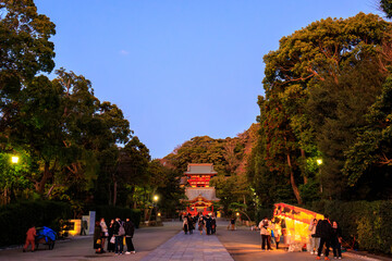 夕暮れの鶴岡八幡宮の参道。 奥に大石段と本宮が見える。...